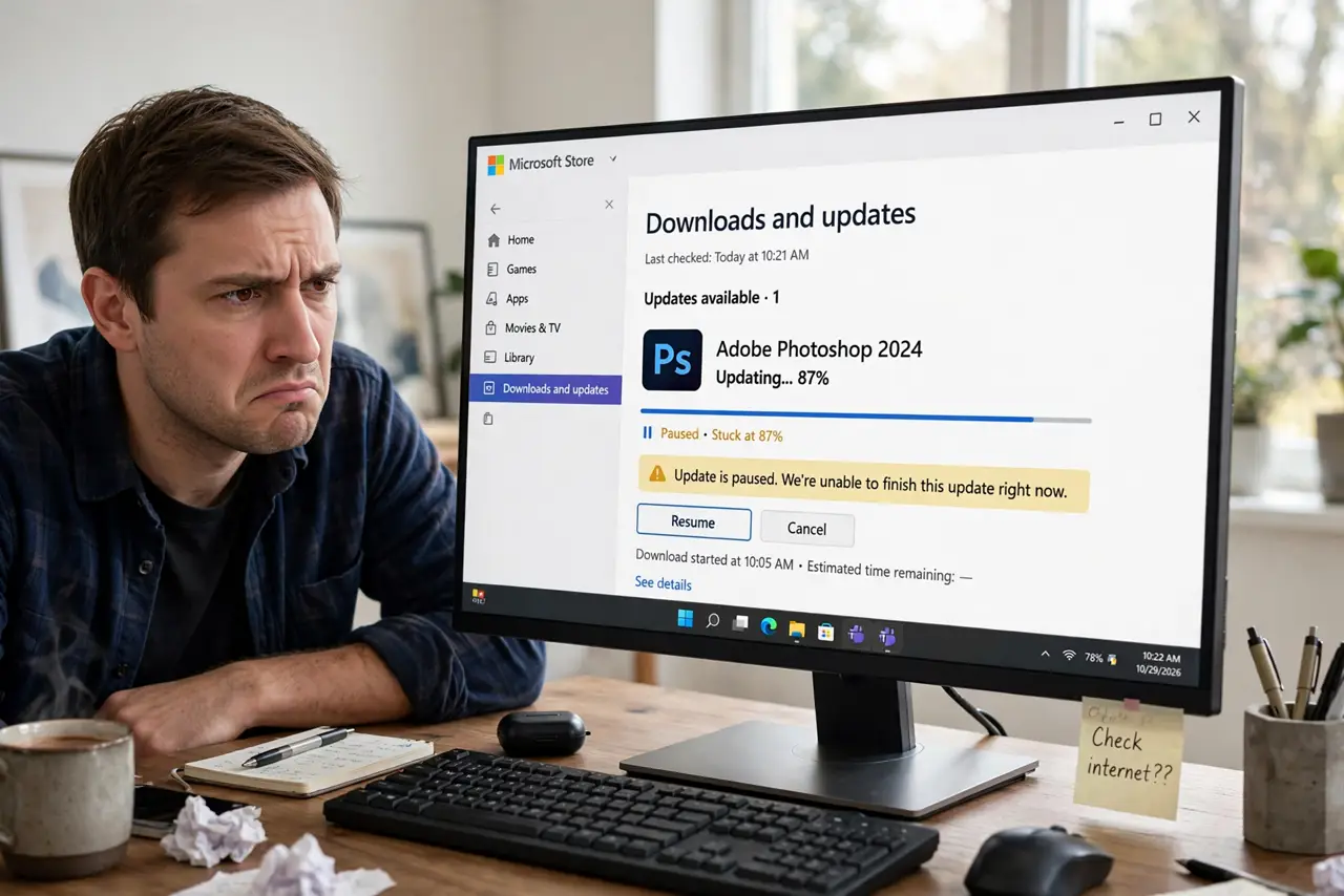 a real person at a desk looking at the Microsoft Store downloads page on a real monitor, an app update visibly frozen mid-progress with fully legible text, the person looking annoyed.