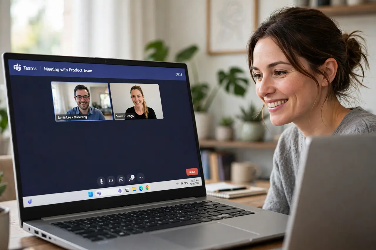 a person on a video call on a real Windows laptop, the camera view showing background blur with the person sharp and legible interface, the person's face pleased, home office.