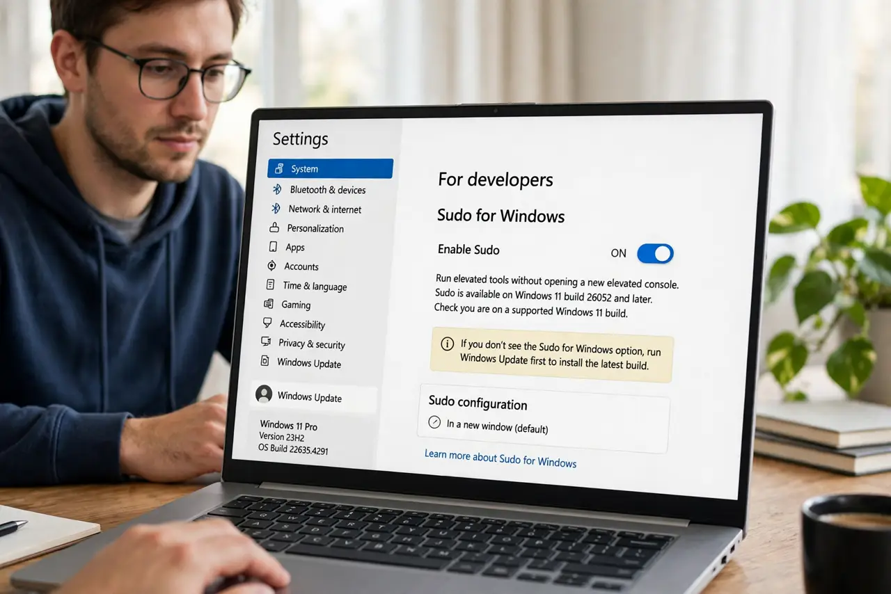 A person performing the guide's first step: Check you are on a supported Windows 11 build. Sudo for Windows arrived in recent Windows 11 builds — run Windows Update first if the…