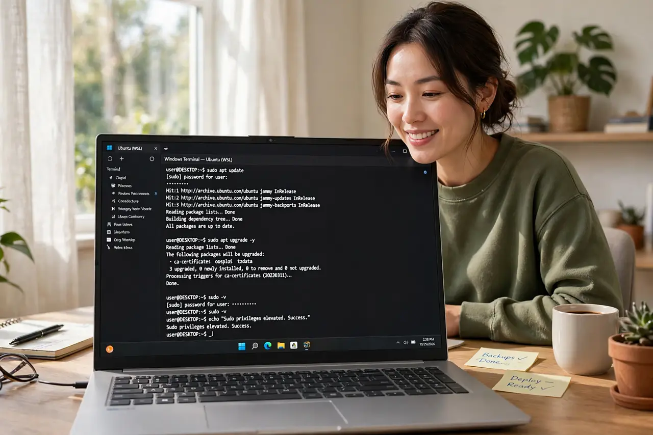 A person at a desk with a real PC showing Windows Terminal with a legible sudo command elevating, the person's face relieved, home office with warm light..