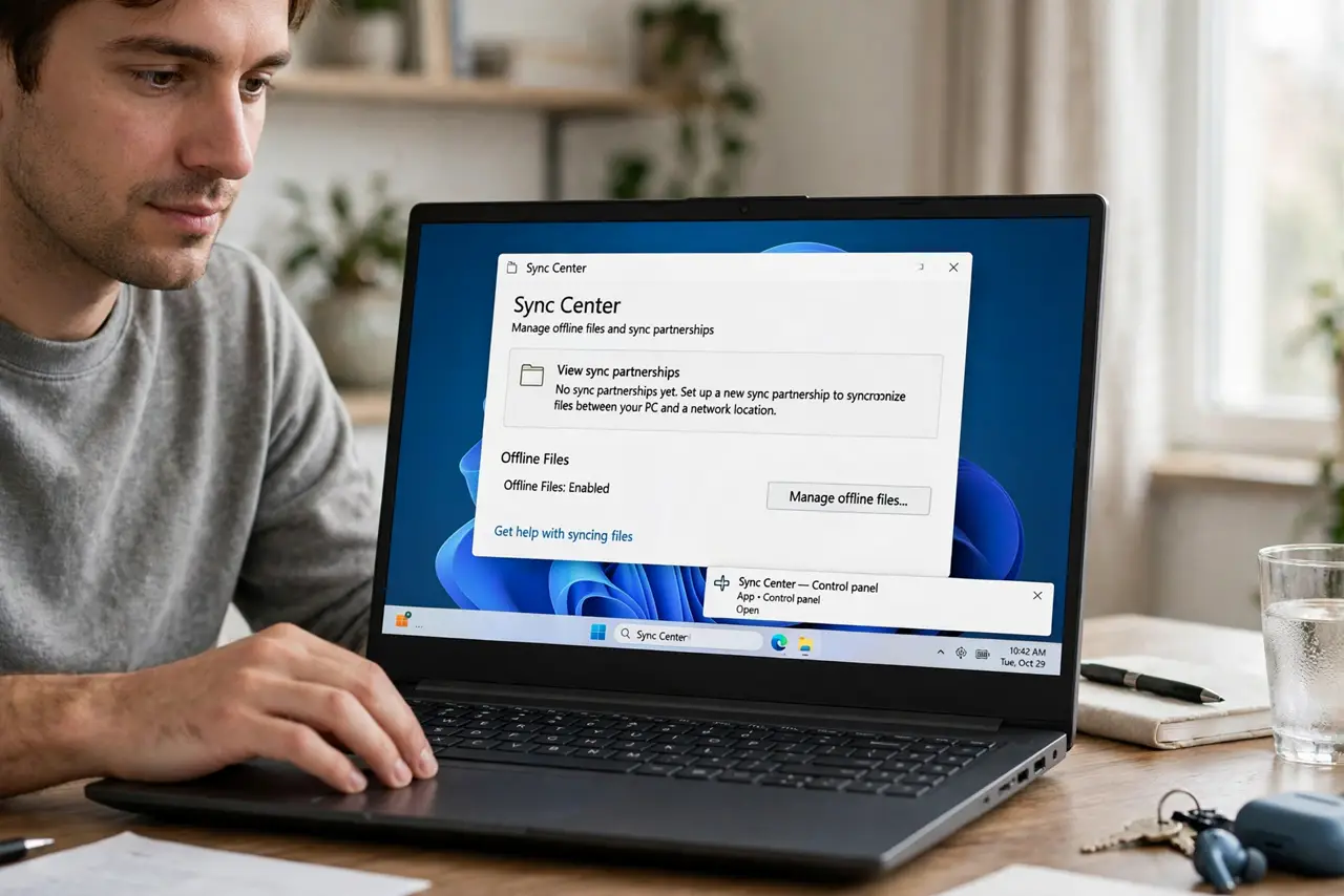 A person calmly performing the guide's first step: Open Sync Center the direct way.