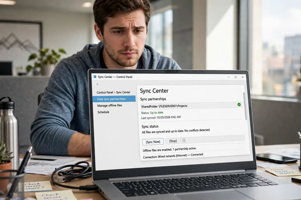 a person at a desk using a real Windows laptop showing the Control Panel Sync Center window with legible sync status text, a network cable nearby, the person's face puzzled but cal.