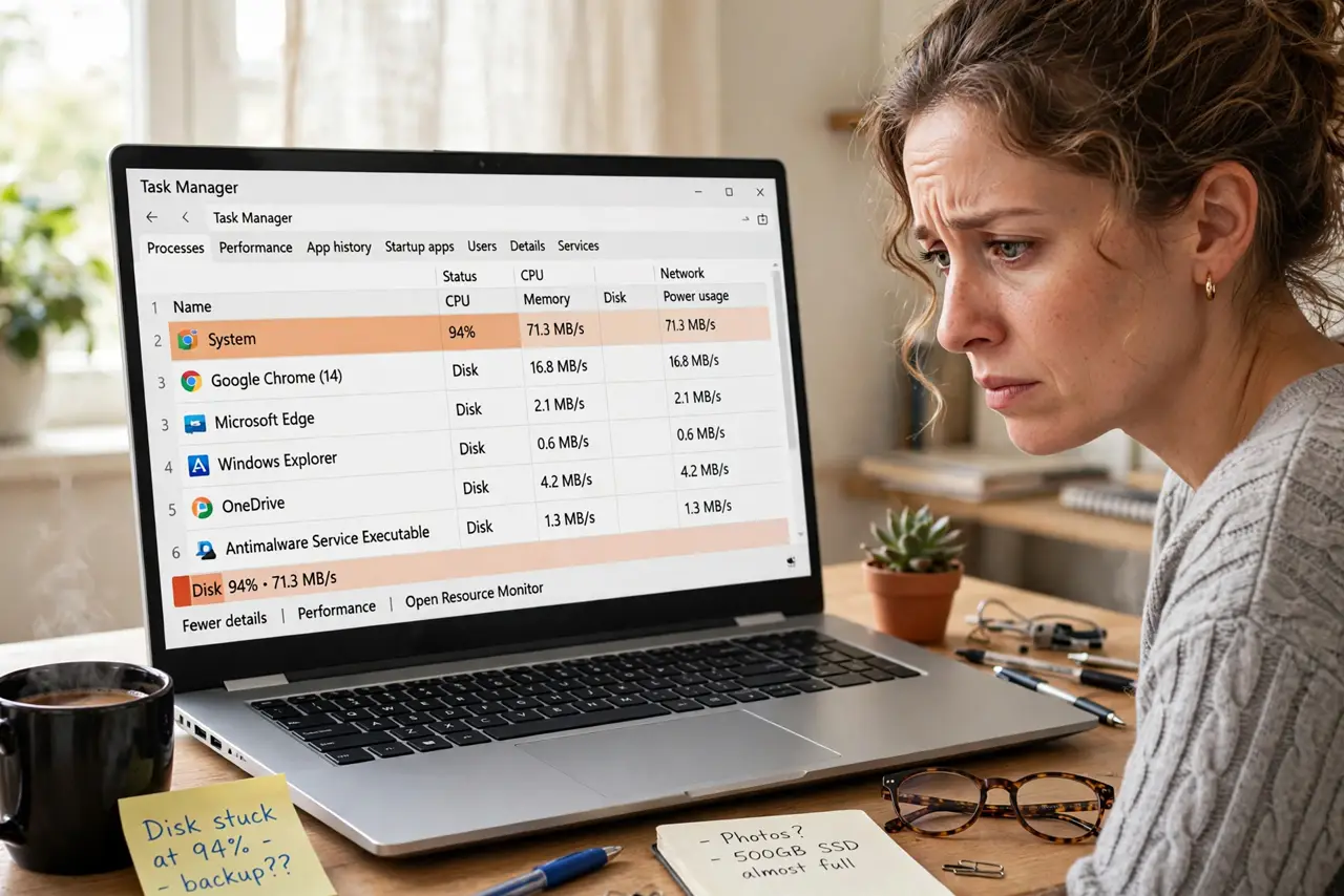 a person looking at a real Windows laptop showing Task Manager with the disk column visible and legible, the person's face frustrated but hopeful, desk.