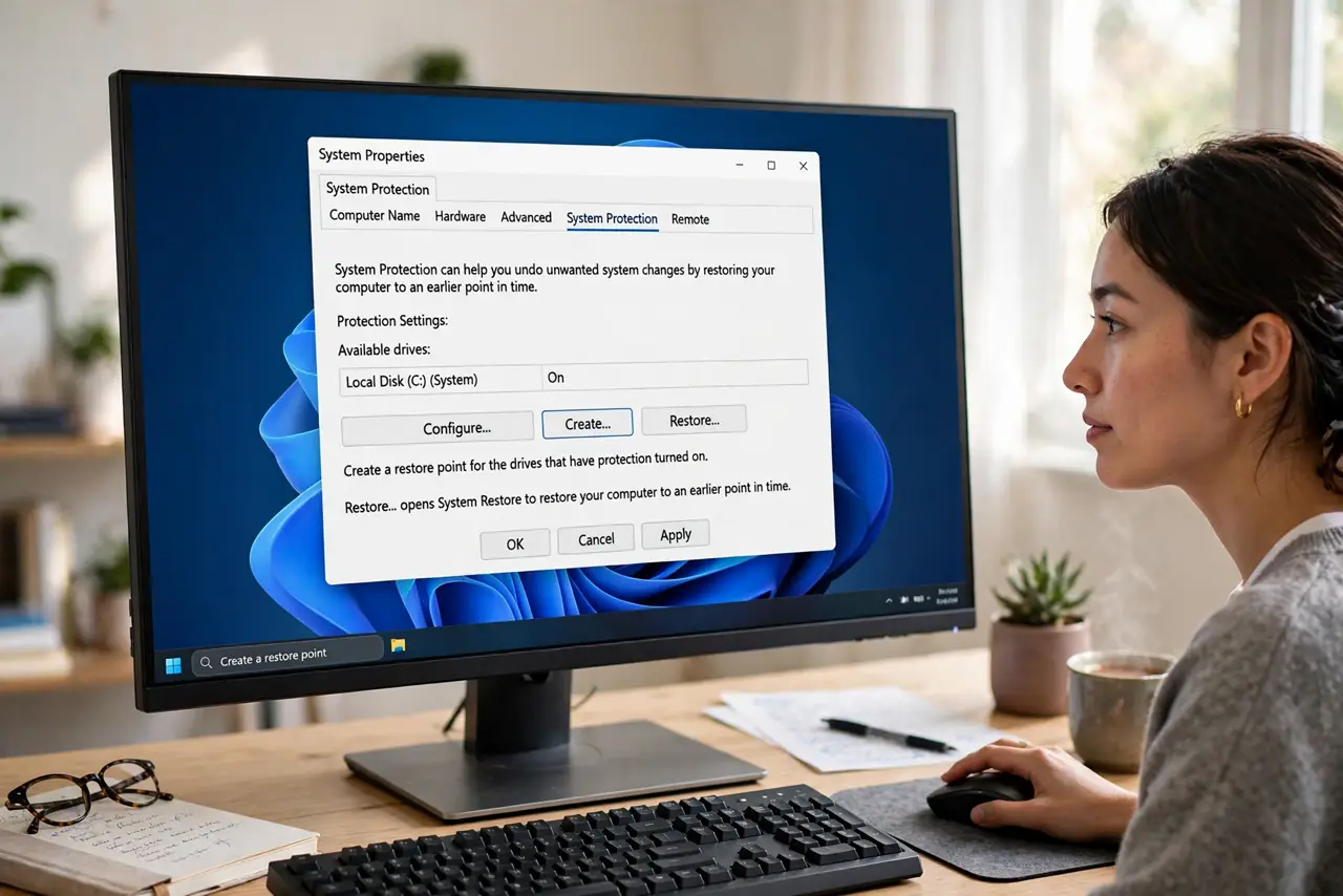 A person performing the first step: Open System Protection. Search for Create a restore point and open the result. The.