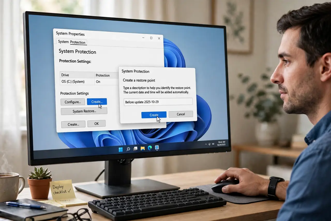 A person clicking Create on a real Windows System Protection dialog with legible text on a desktop monitor, the