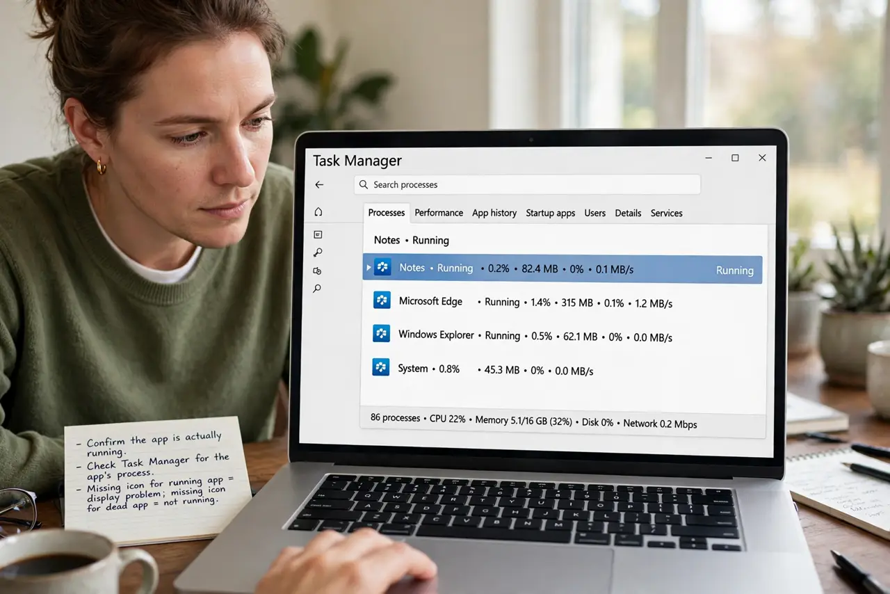 A person performing step 1 of the guide: Confirm the app is actually running. Check Task Manager for the app's process. A missing icon for a running app is a display problem; a m...