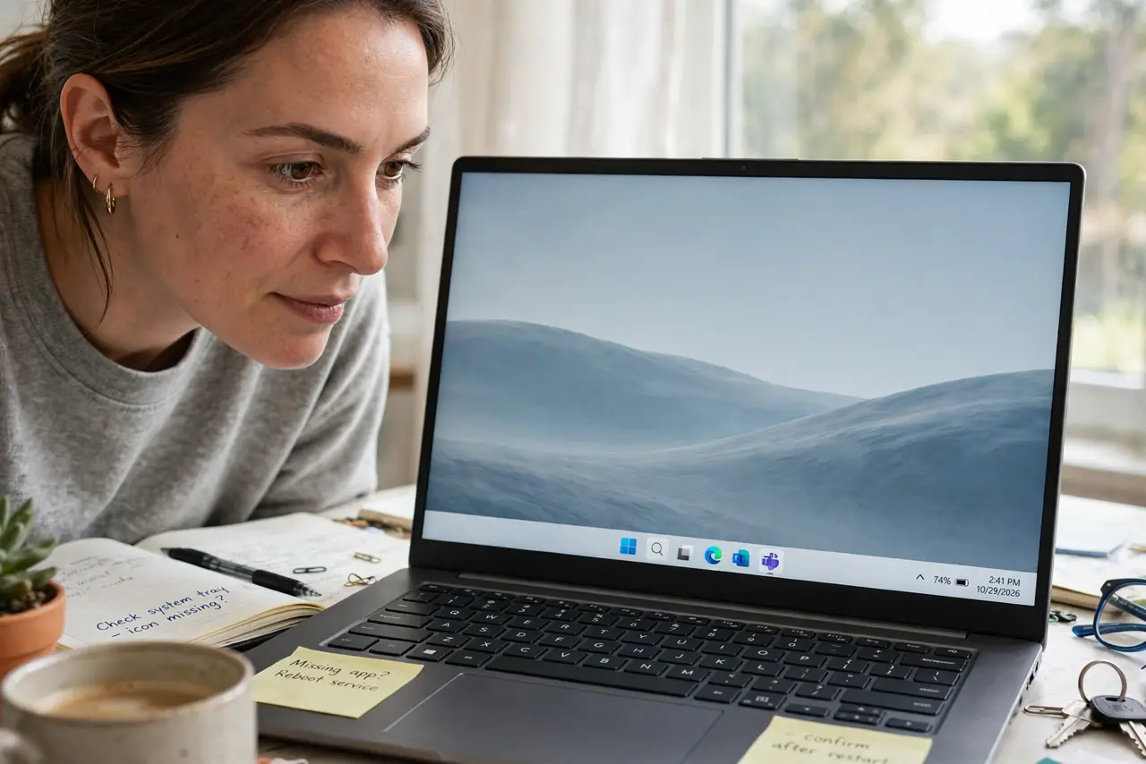 a real person at a desk looking at the Windows taskbar corner on a real monitor, the system tray area fully legible with an app icon visibly missing, the person leaning in to look closely.