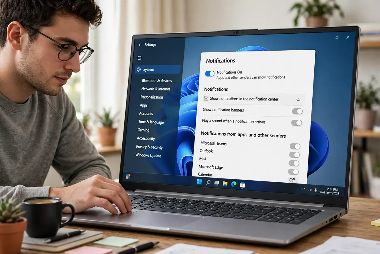 Photoreal photo of a person performing the first step: Open the notification settings. Press Windows key + I, go to System, then Notifications. This one page controls nearly everything — the master switch,...