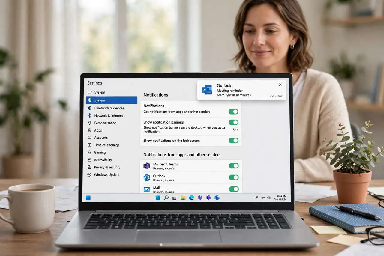 Photoreal photo: a calm person at a desk in front of a real Windows PC showing a legible notification settings page, a notification banner visible on screen, the person's face relieved and in control. No black screen, no