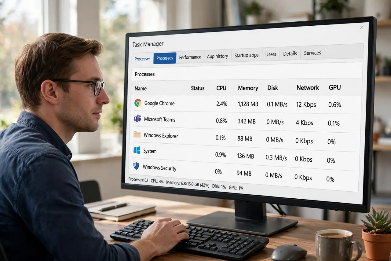 A person performing step 1: Open Task Manager fast. Press Ctrl+Shift+Esc — the direct shortcut, no Ctrl+Alt+Del detour. It opens straight .