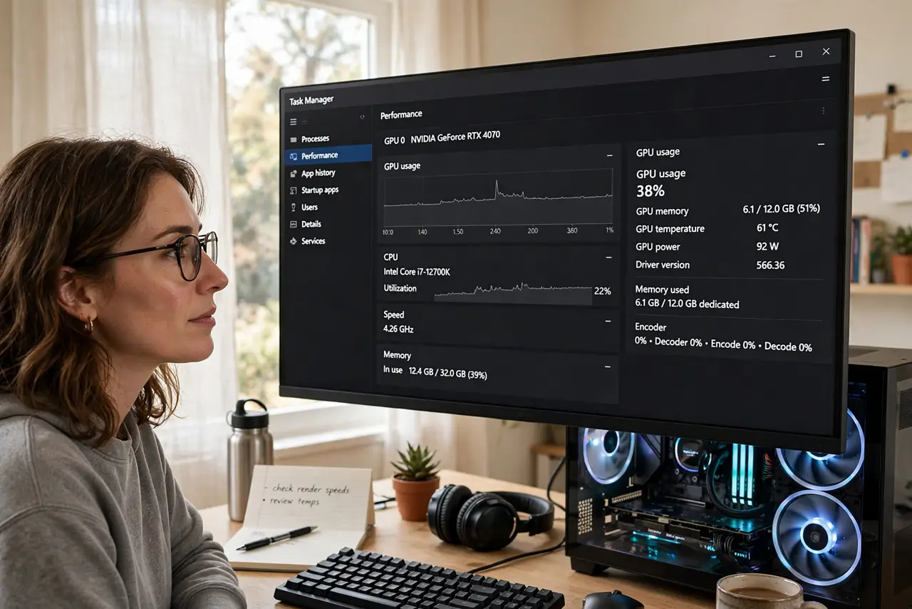 A person looking at a real Windows Task Manager window on a monitor showing legible GPU usage column, the person's face focused, desktop PC with visible fans in.