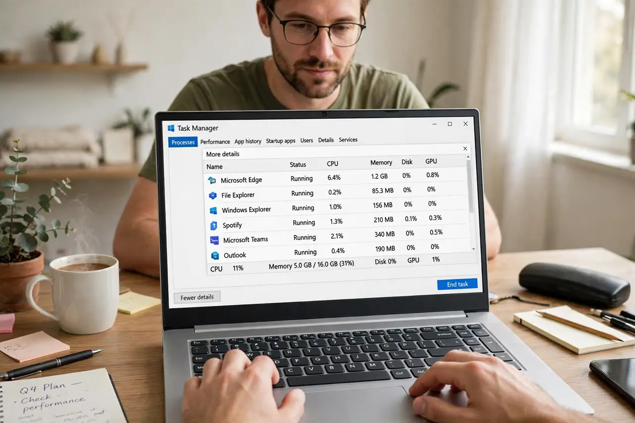 A person performing the first step: Open Task Manager. Press Ctrl+Shift+Esc. If you see the tiny view, click 'More.