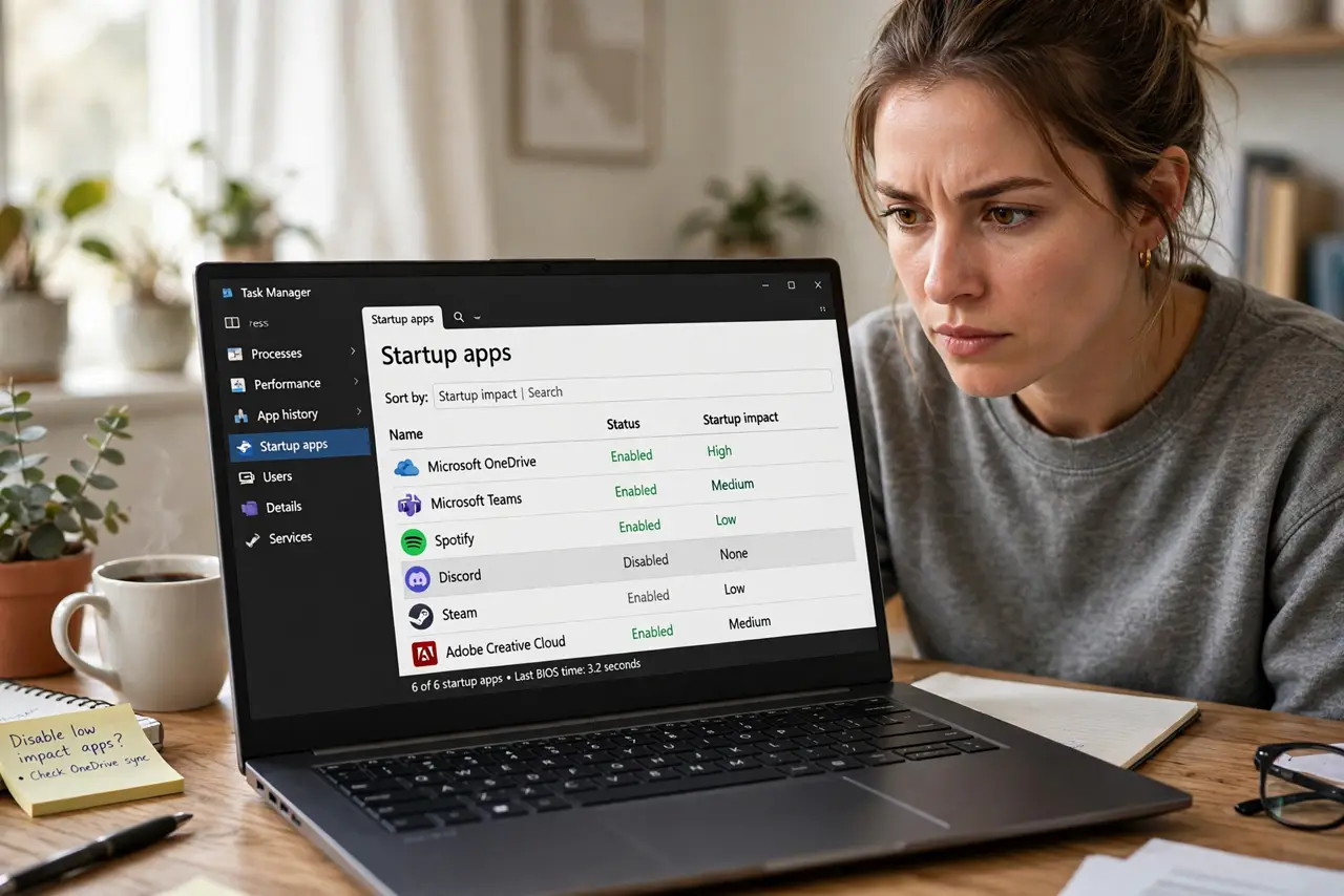 A person looking at Task Manager's Startup apps tab on a real Windows laptop with legible app names on screen, the