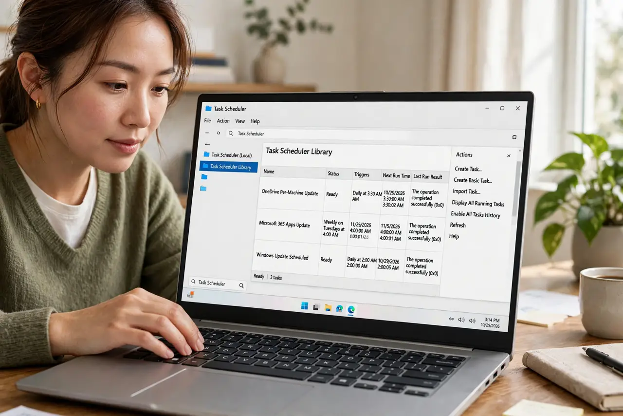 Photoreal photo of a person performing the first step: Open Task Scheduler safely. Press the Windows key, type Task Scheduler, and open it. Look ar...