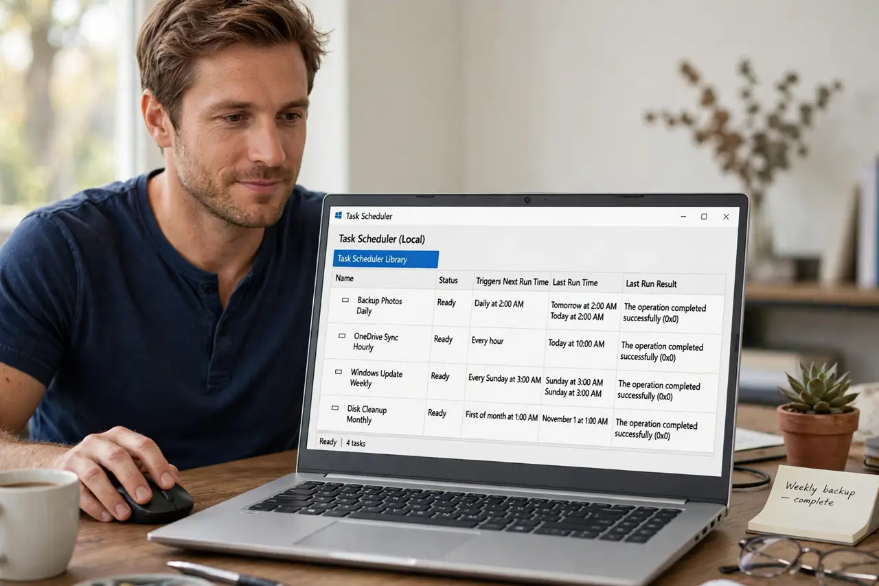 Photoreal photo: a person sitting at a real Windows PC showing the Task Scheduler window with a legible task list, the person's hand on the mouse, face calm and focused, home office. No black screen, no blank white...