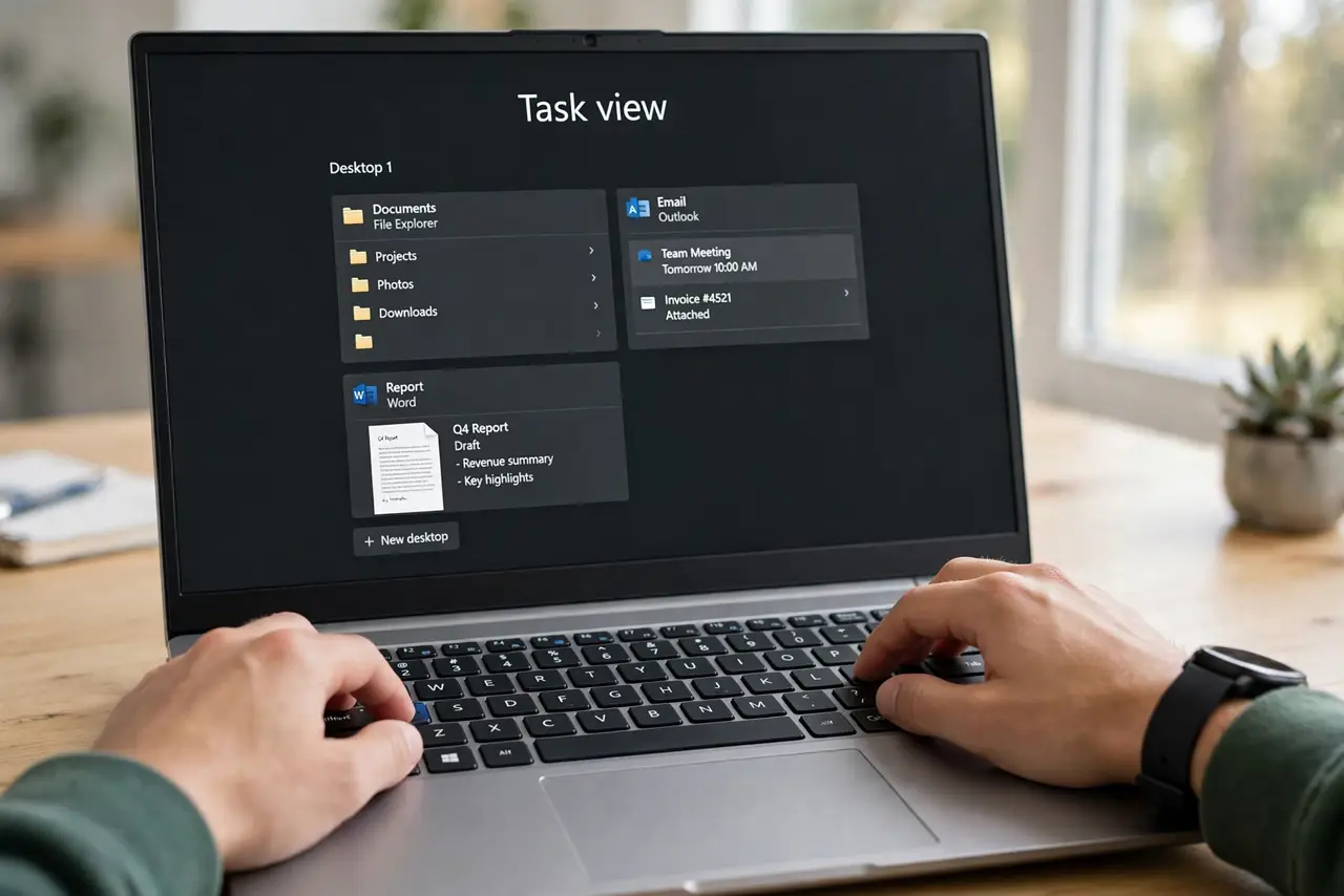 A person carrying out step one: open task view.