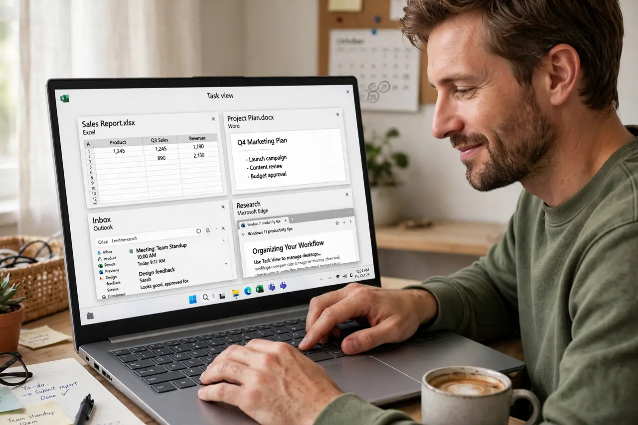 A person pressing Win+Tab on a real Windows laptop, the screen showing the Task View grid of open windows legible, the person's face relieved and organized,…