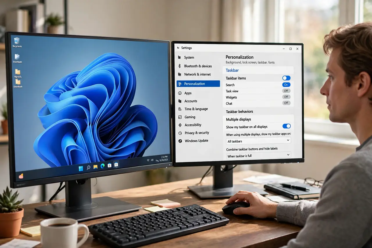 A person carrying out step one: open taskbar settings.