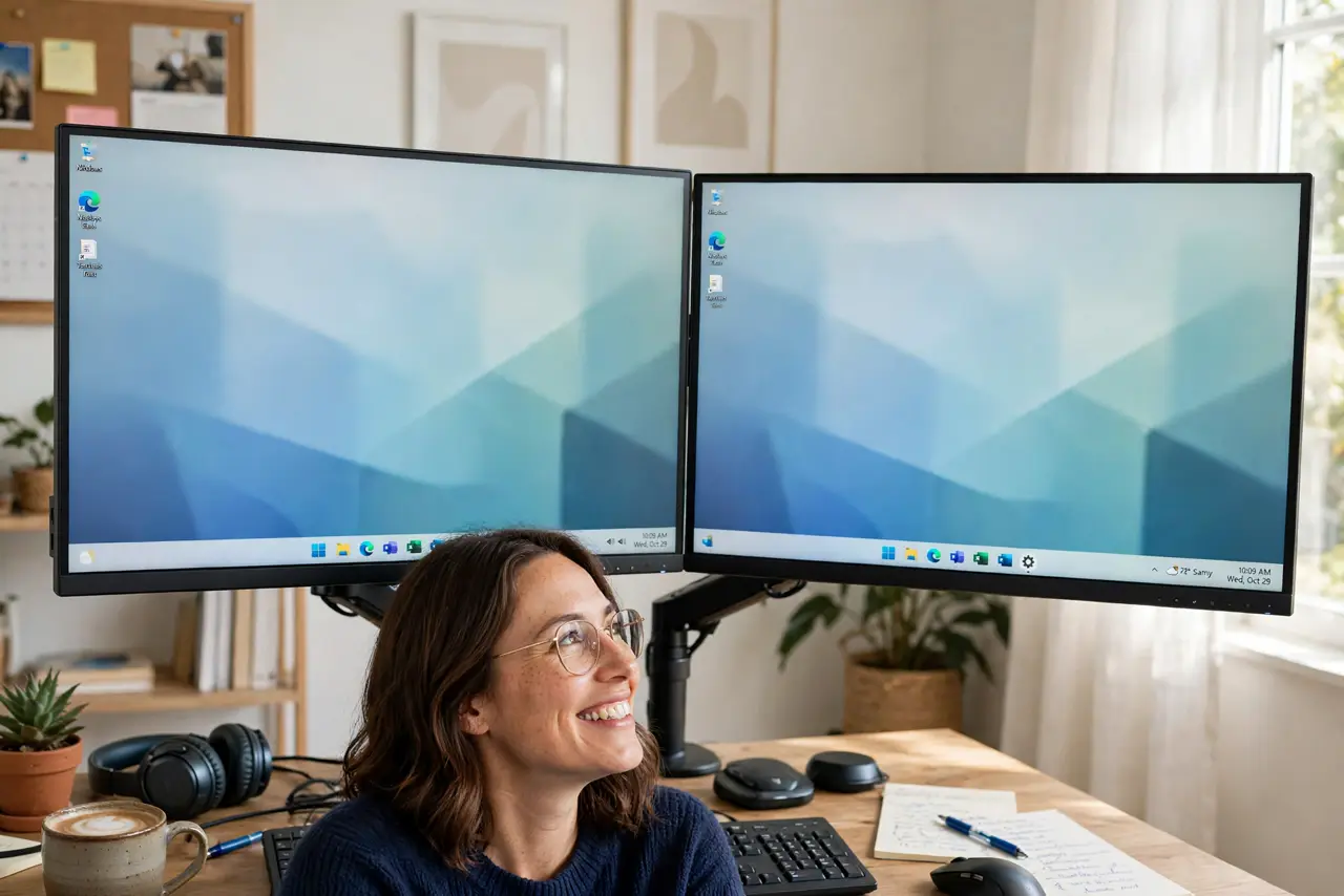 A person at a real desk with two real monitors both showing the Windows taskbar with legible icons and clock, the person's face pleased, home office.