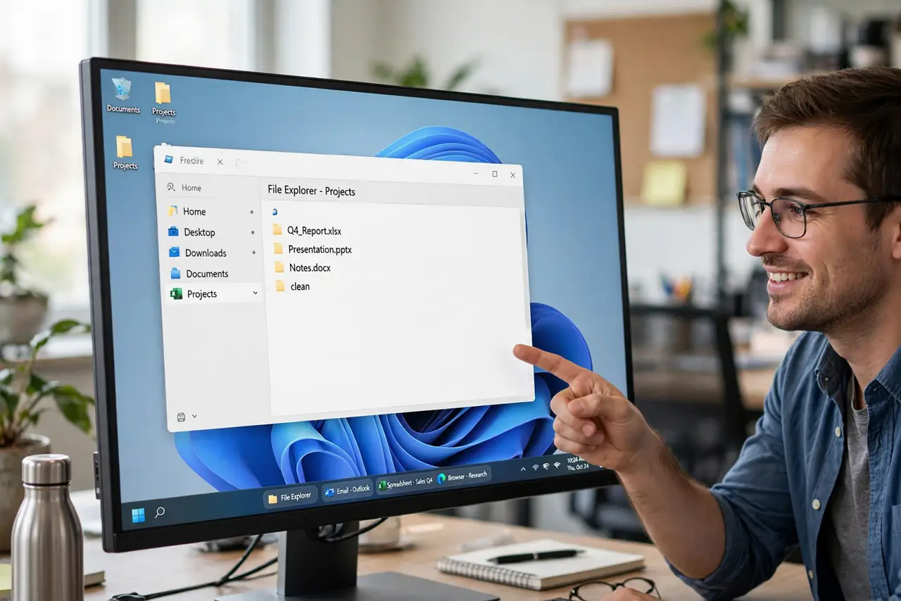 A person pointing at a real Windows PC monitor showing a taskbar with several separate labeled window buttons fully legible, the person's face satisfied, office.