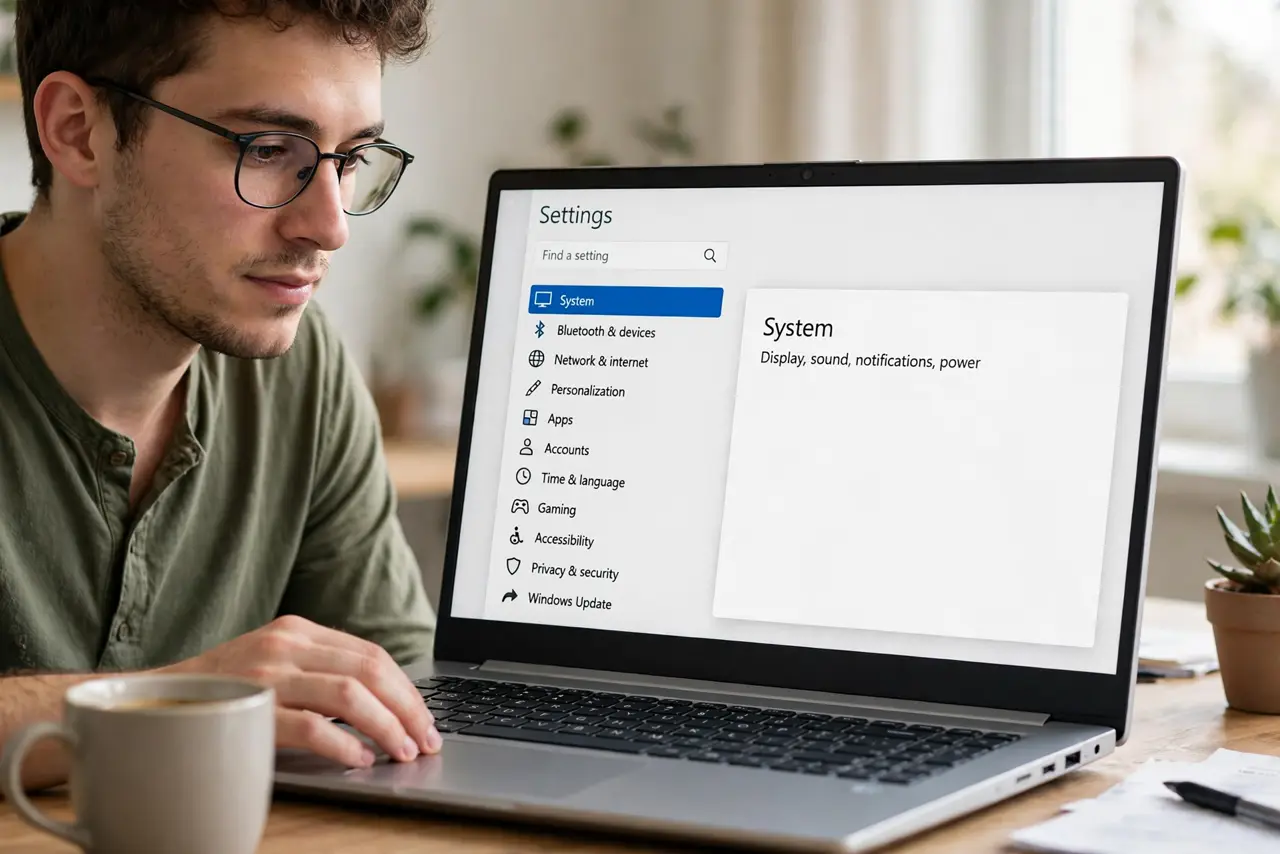 A person calmly performing the guide's first step: Open Settings.