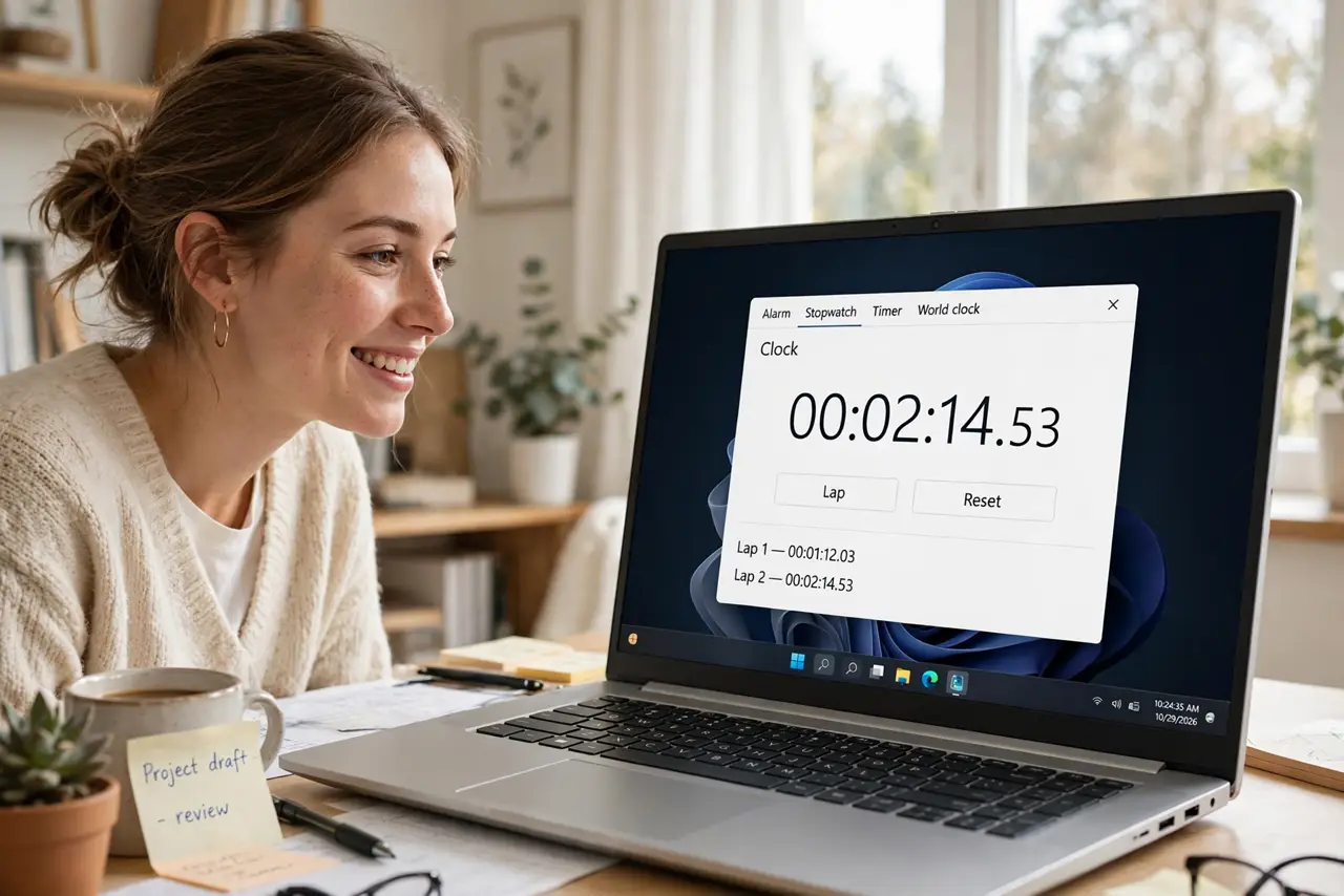 a person looking at a real Windows taskbar clock showing hours, minutes, and seconds, a stopwatch app open beside it, the person's face pleased, bright home office. No black screen.