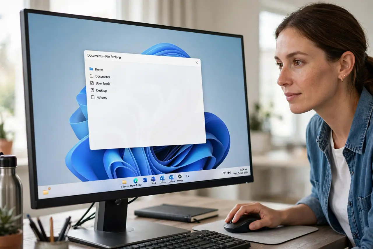A person moving a mouse near a real Windows PC monitor showing the taskbar with no popup previews, only plain text labels visible, the person's face calm and focused.