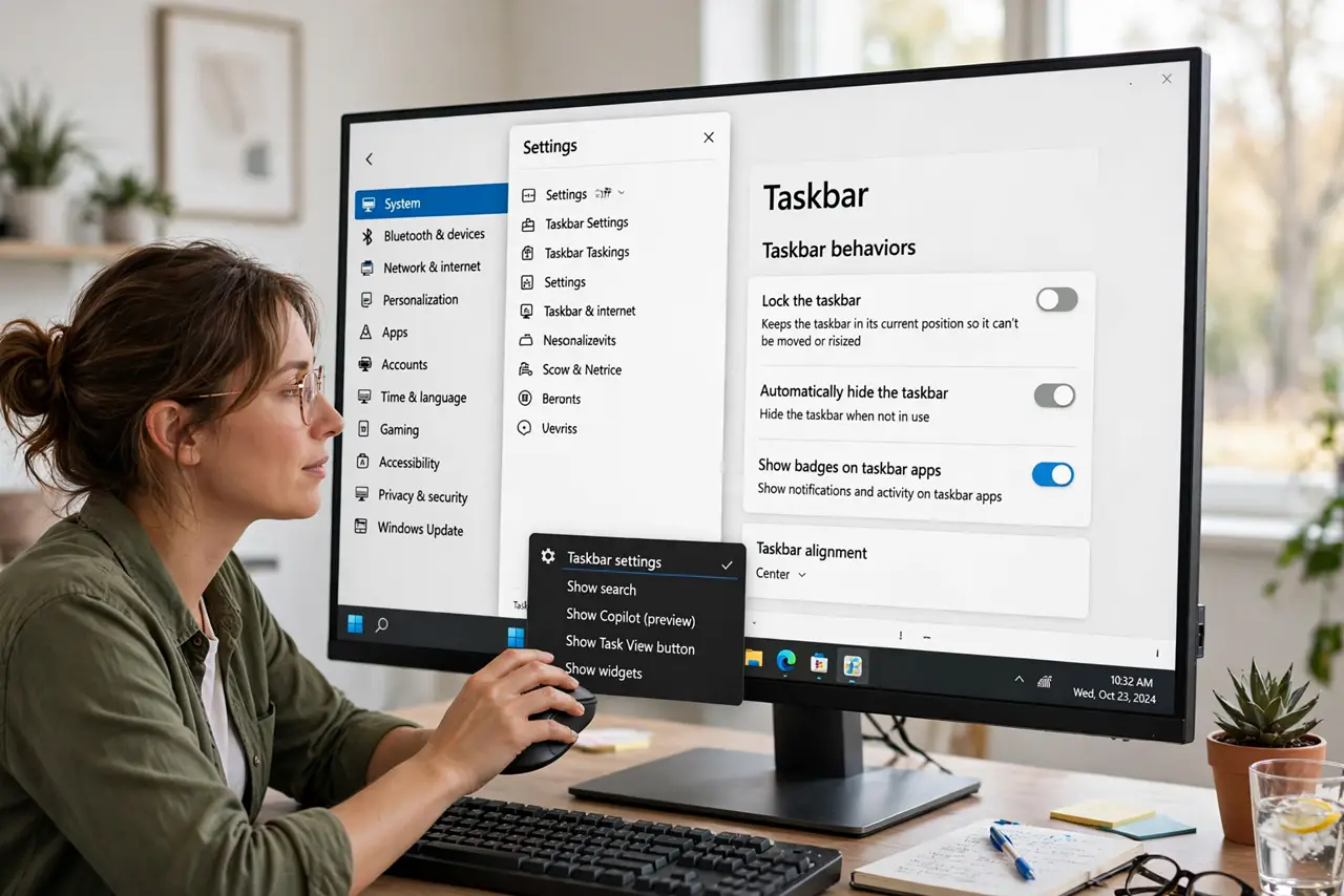 A person performing step 1: Lock the taskbar first.