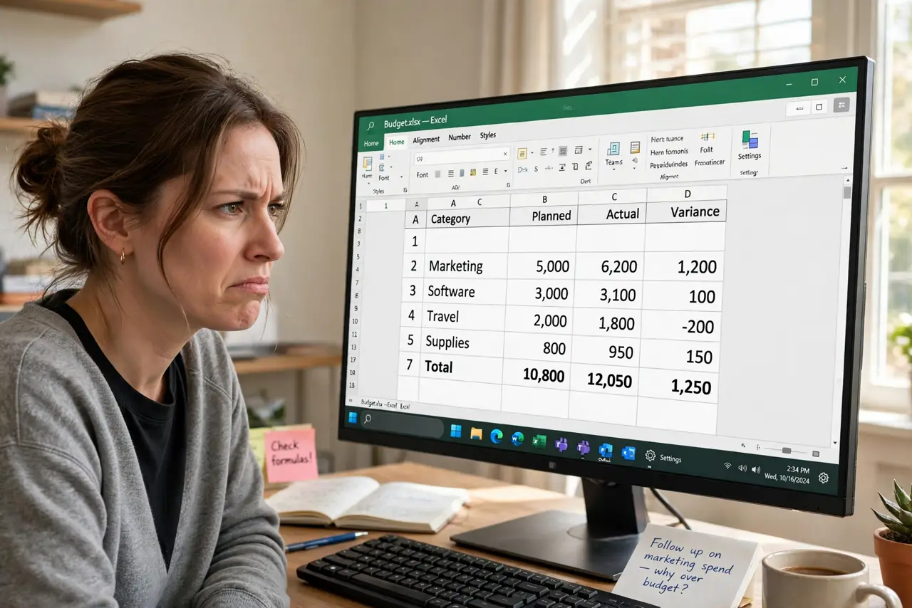 A person looking at a real Windows PC monitor showing the taskbar with several pinned app icons fully legible, the person's face mildly annoyed, home office daylight.