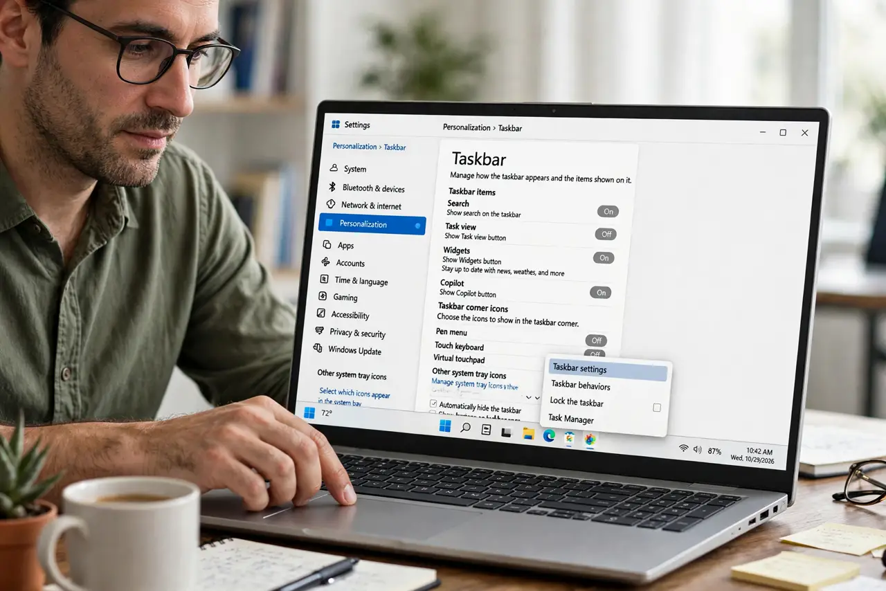 A person performing step 1 of the guide: Right-click the taskbar and open its settings. Right-click an empty spot on the taskbar and choose Taskbar settings. This page holds ever...