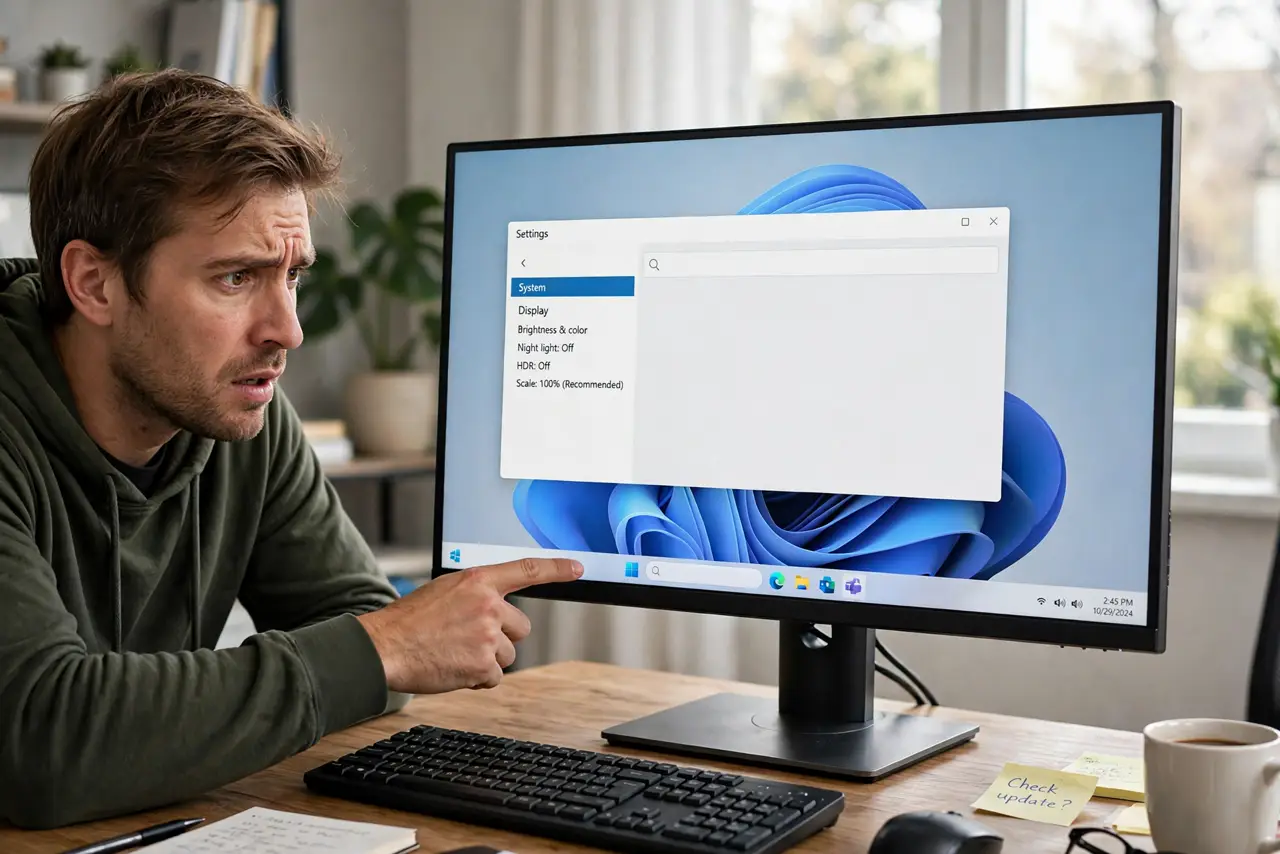 a real person at a desk looking at a Windows taskbar on a real monitor, the area where the search box should be visibly empty with fully legible taskbar icons around it, the person pointing at the empty spot.