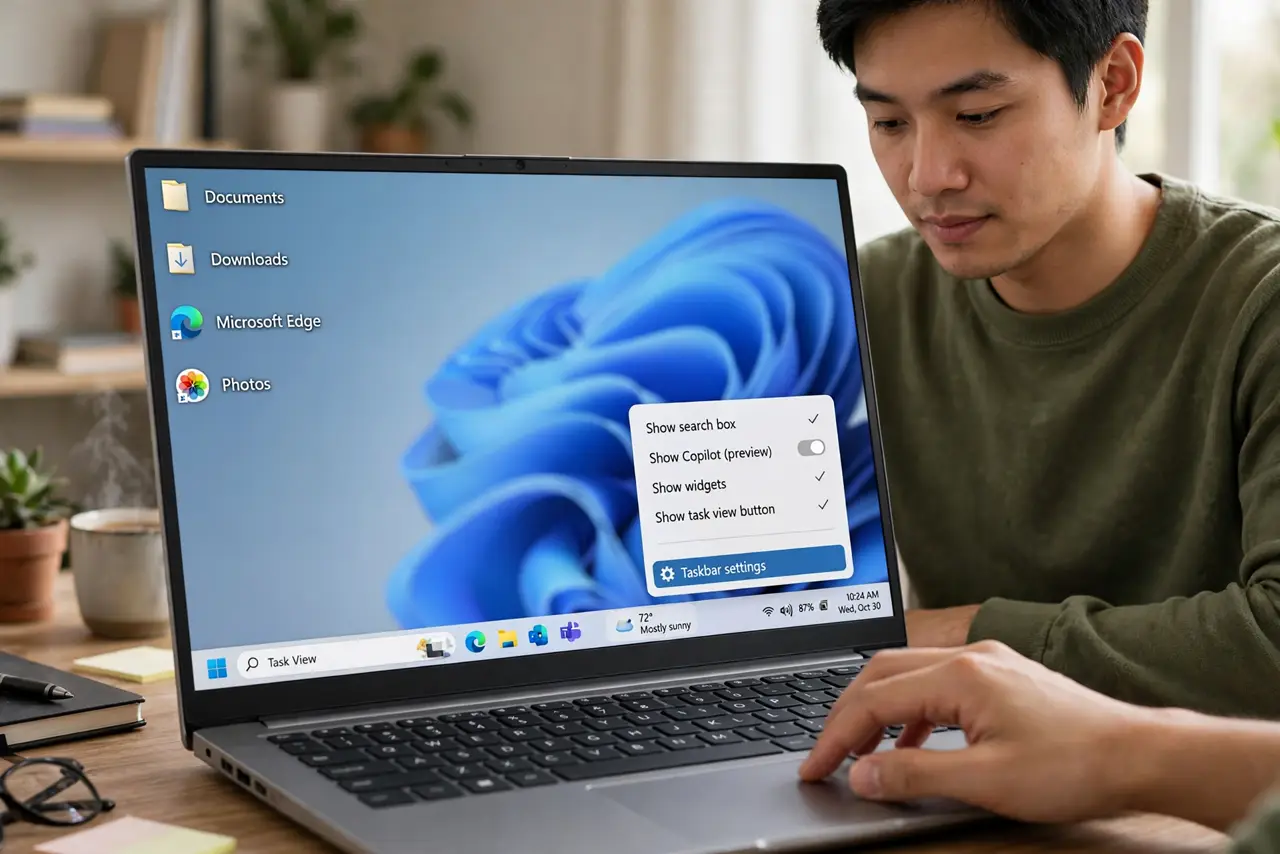 Photoreal photo of a person performing the first step: Open the taskbar settings. Right-click an empty area of the taskbar and choose Taskbar setti...