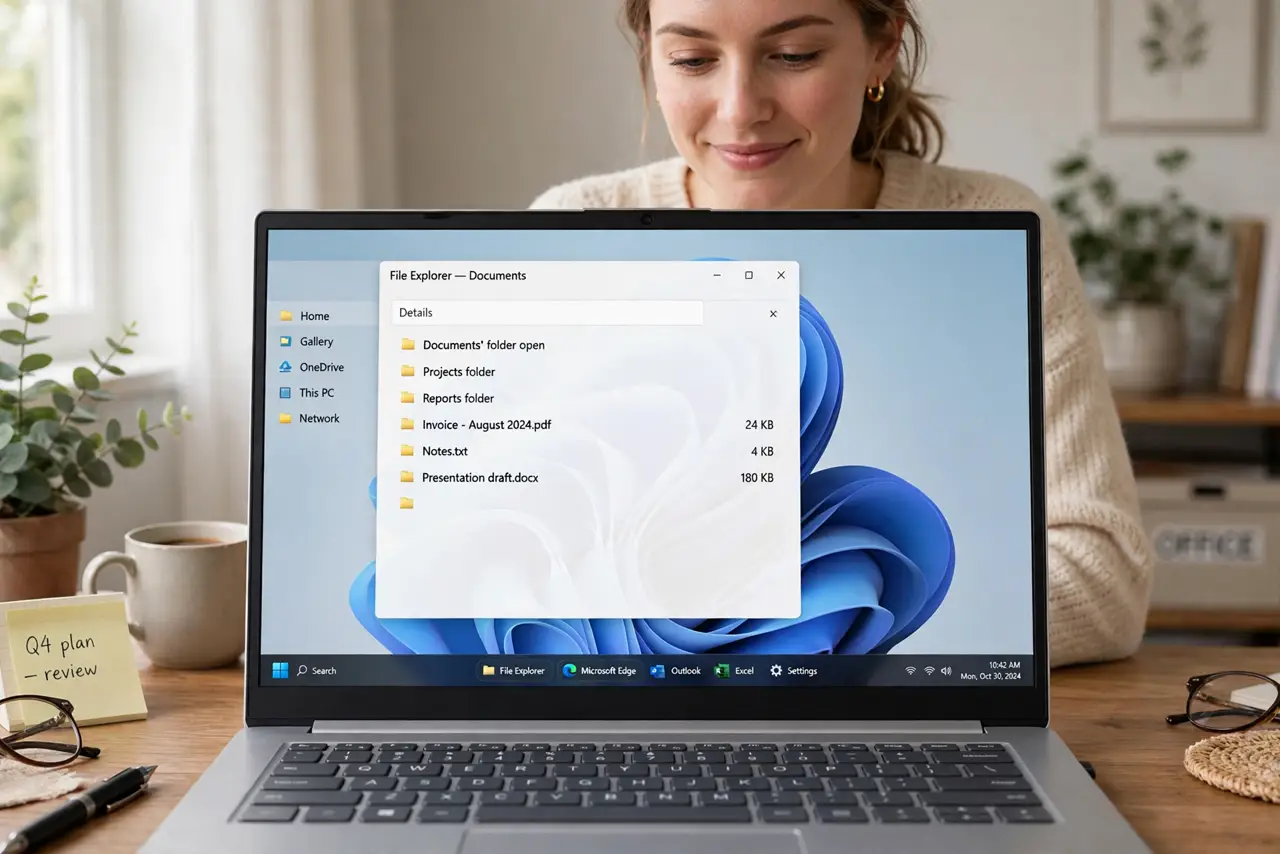 Photoreal photo: a person looking at a real Windows 11 taskbar showing ungrouped taskbar buttons with text labels legible, the person's face satisfied, home office. No black screen, no blank white screen, no fake o...