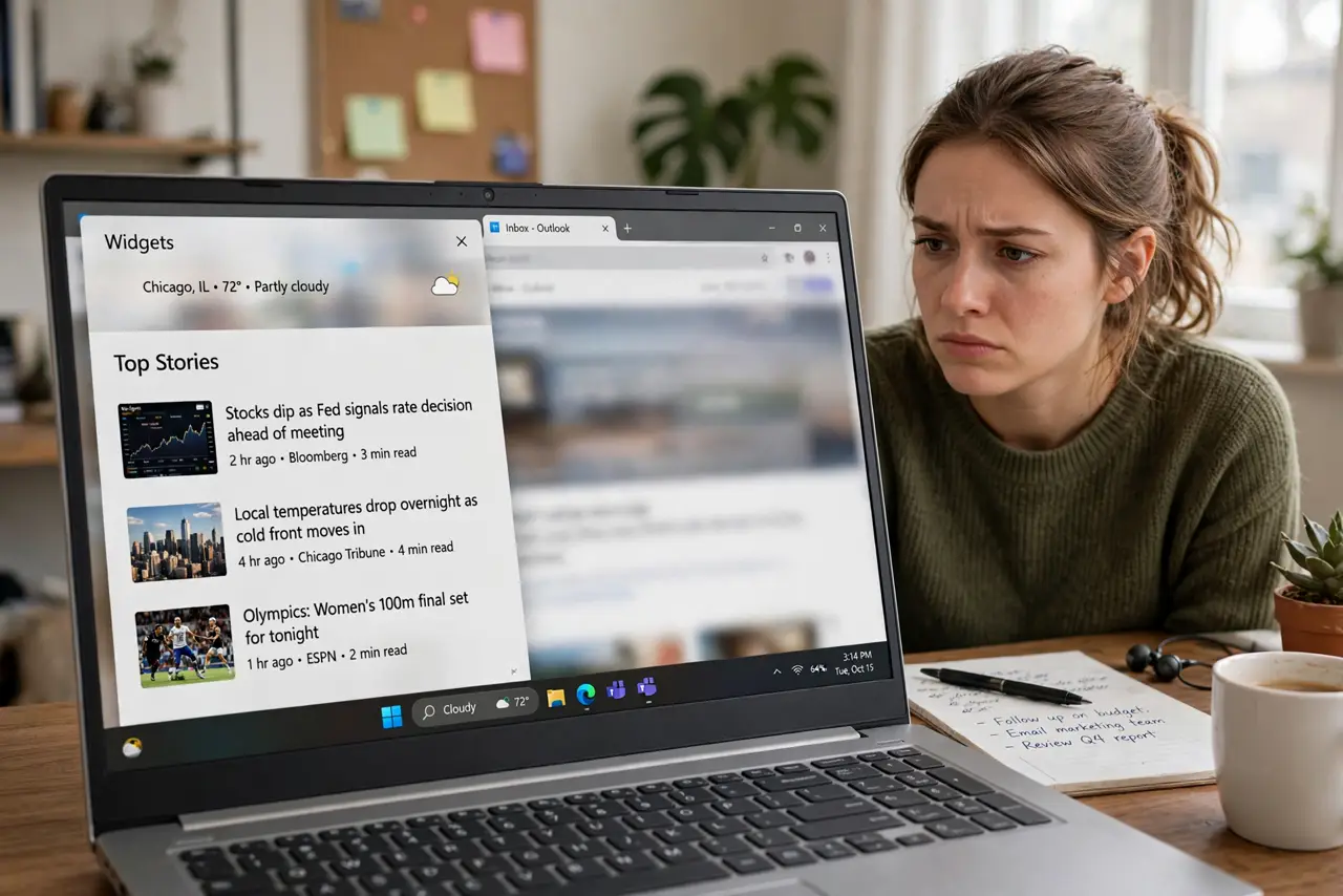 a person using a real Windows laptop at a desk, the taskbar visible with the Widgets icon, a news panel partially open on the left side of the screen with legible headlines, the person's face mildly annoyed, home office.