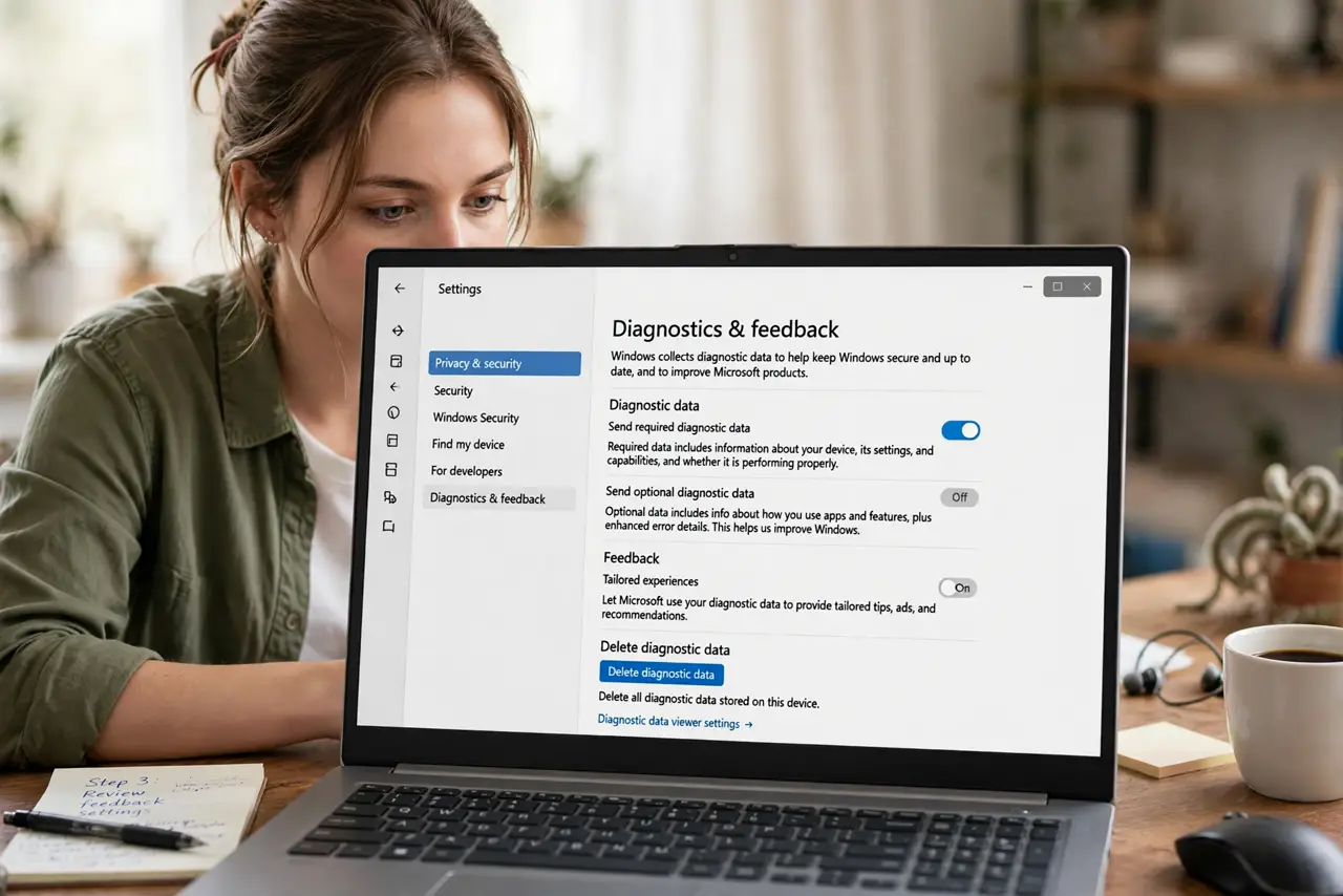 a person looking at the real Windows Diagnostics and feedback settings page with legible toggles, the person's face calm and in control, desk.