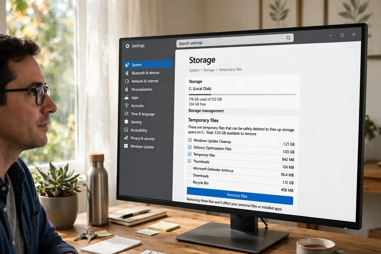 A person performing the first step: Open Temporary files in Settings. Go to Settings > System > Storage > Temporary.