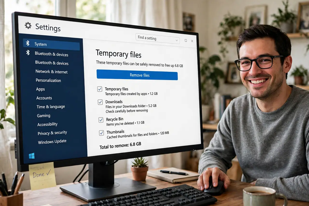A person clicking Remove files on a real Windows Storage Temporary files screen with legible checkboxes on a desktop