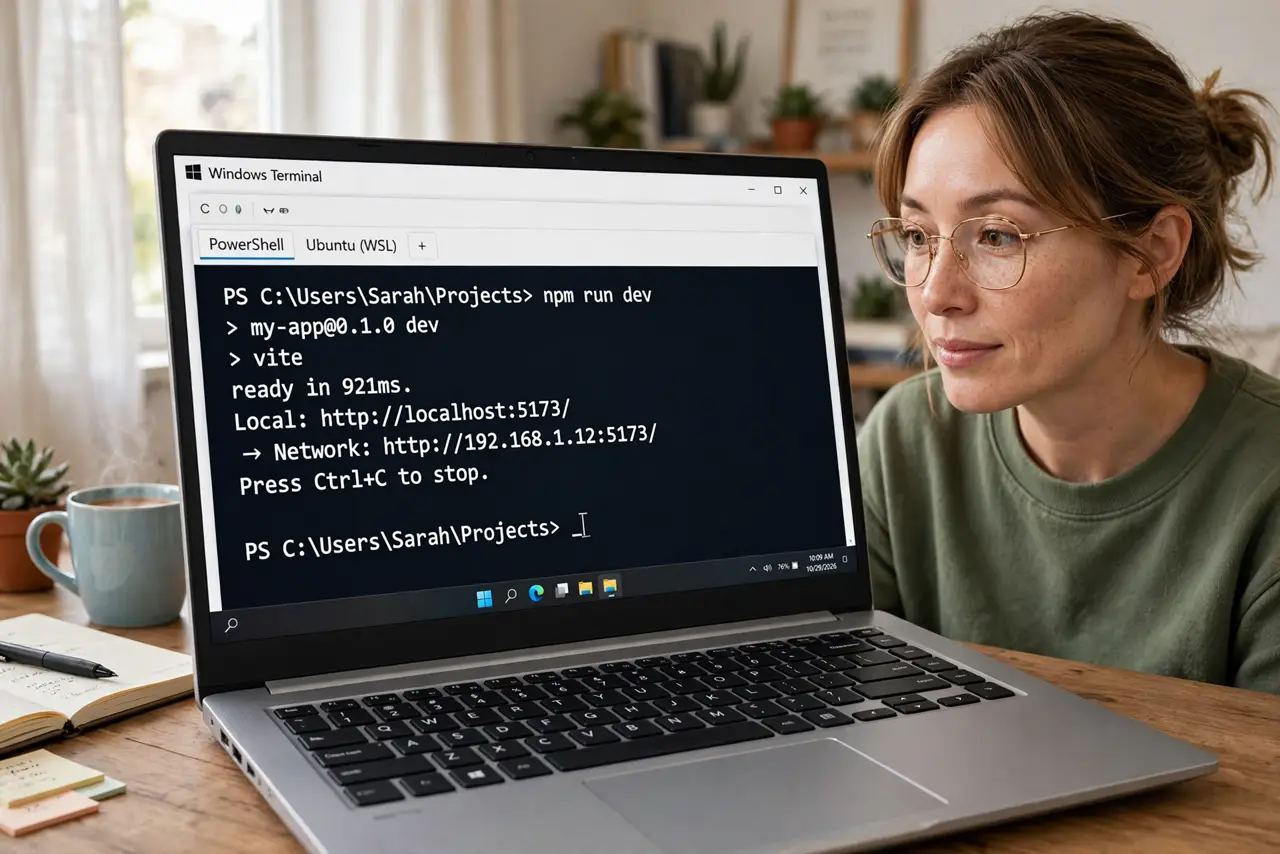 a person using the real Windows Terminal with legible tabs and a clean prompt on screen, the old Command Prompt nowhere in sight, the person's face impressed, home desk.