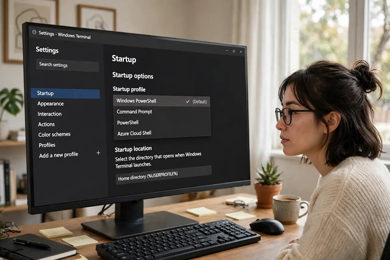 A person at a real Windows 11 PC, the monitor showing Windows Terminal settings with the startup profile dropdown clearly legible, the person's face focused, home office.