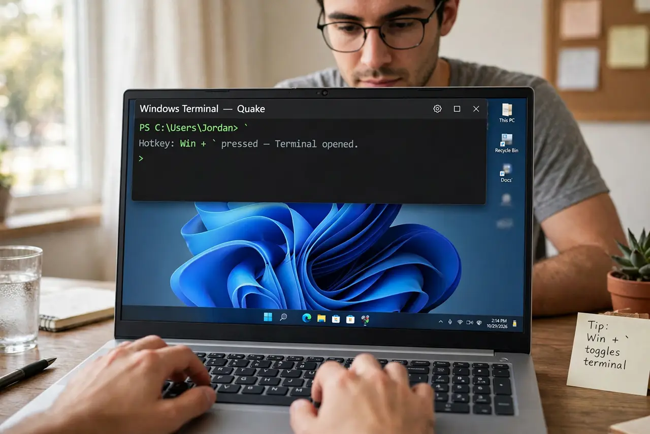 A person performing the guide's first step: Learn the hotkey. Press Win + ` (backtick, usually above Tab) anywhere — desktop, browser, game. The terminal slides down from the top;…