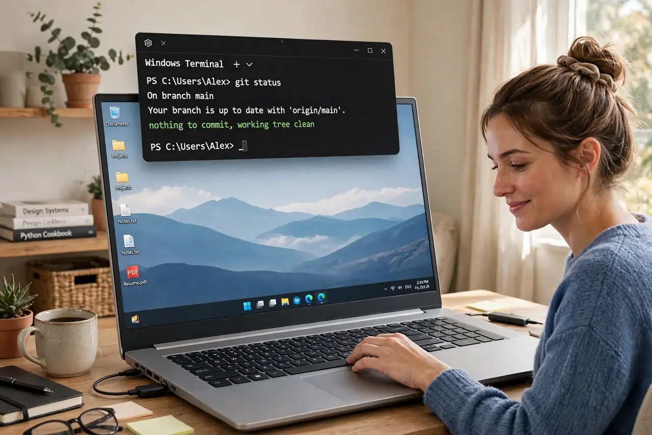 A person at a desk with a real PC showing Windows Terminal dropped down from the top of the screen over a legible desktop, the person's finger on the keyboard, face pleased, home office..