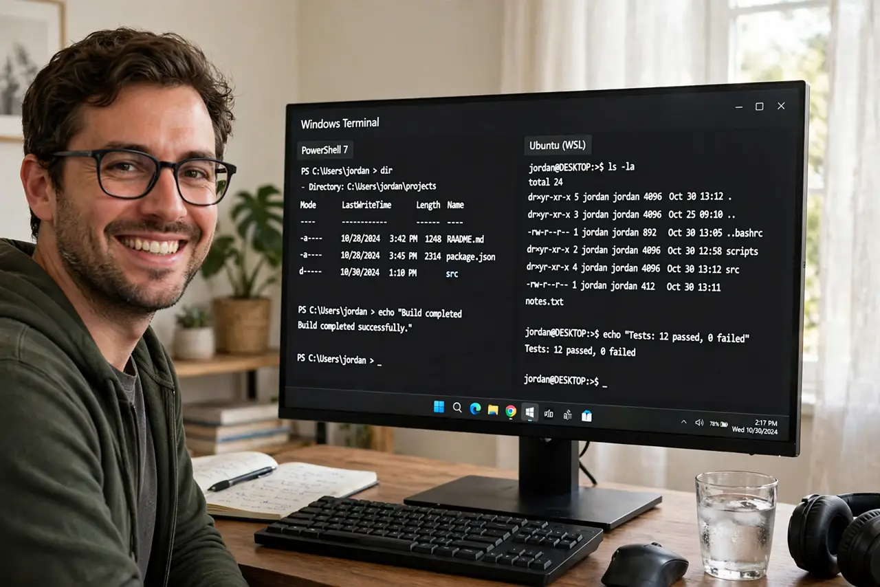 A person at a real Windows 11 PC, the monitor showing Windows Terminal with two panes side by side running different shells, fully legible, the person's face pleased, home office.