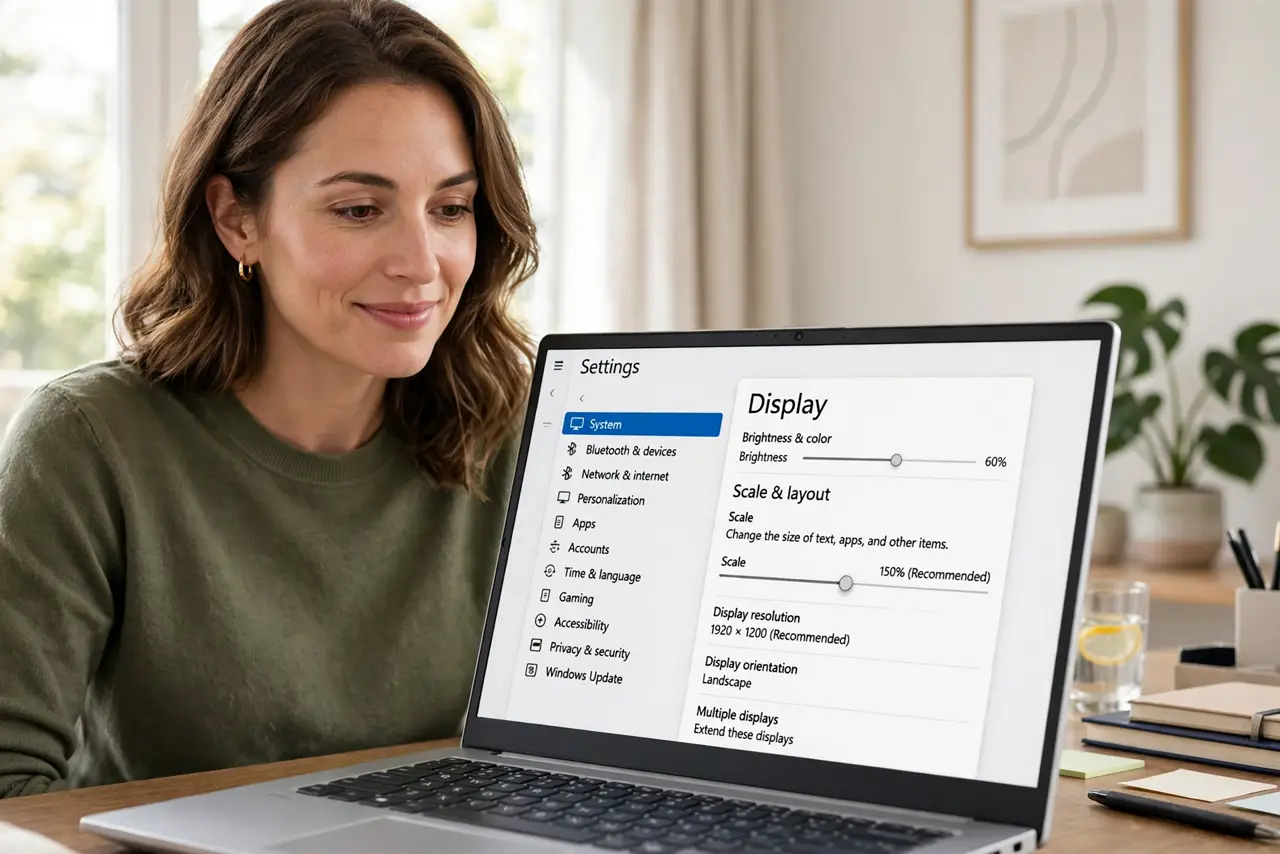 A woman looking at a Windows laptop showing large readable text in Settings with the display scaling slider legible, her face relieved, bright home office.