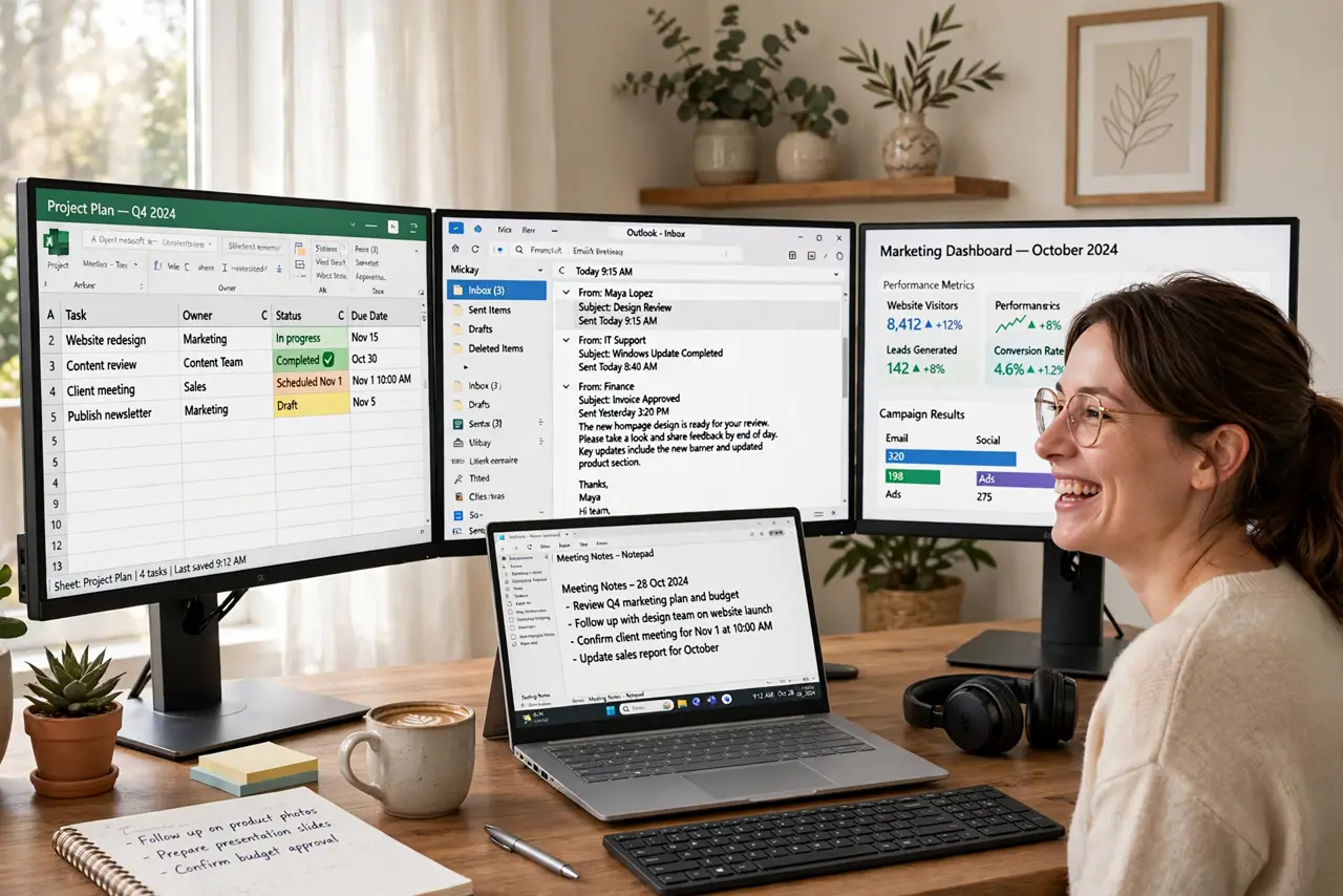 a person working at a real desk with three monitors showing legible different content, the person's face delighted, bright home office. No black screen, no blank white screen, no f.
