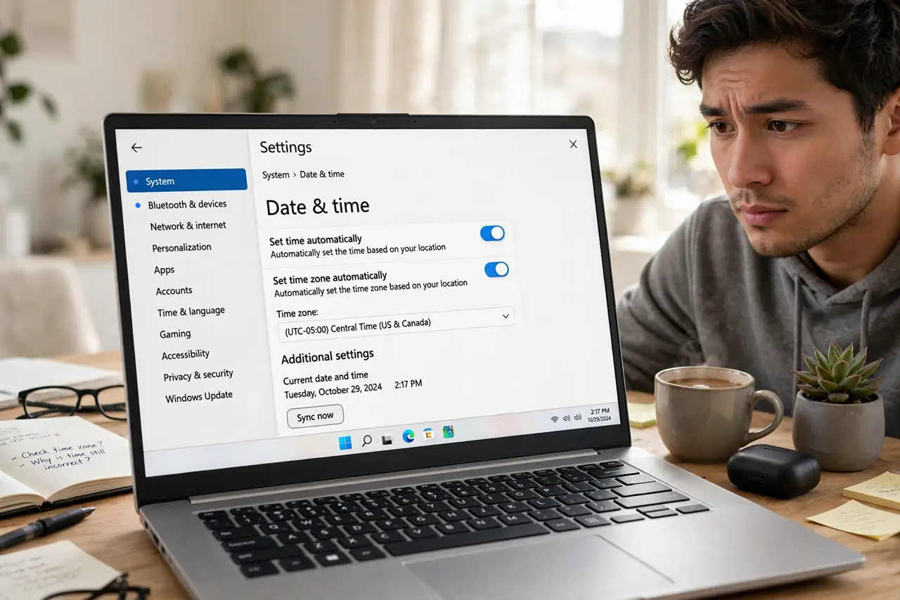 a person looking at a real Windows laptop showing the Date and time settings screen with legible toggles, the taskbar clock visible, the person's face puzzle...