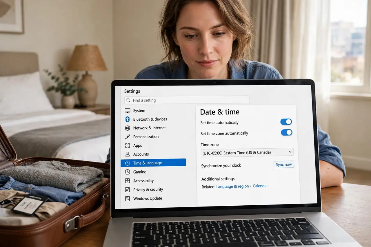 A person performing the first step: Open Date & time settings. Settings > Time & language > Date & time. The time zone.