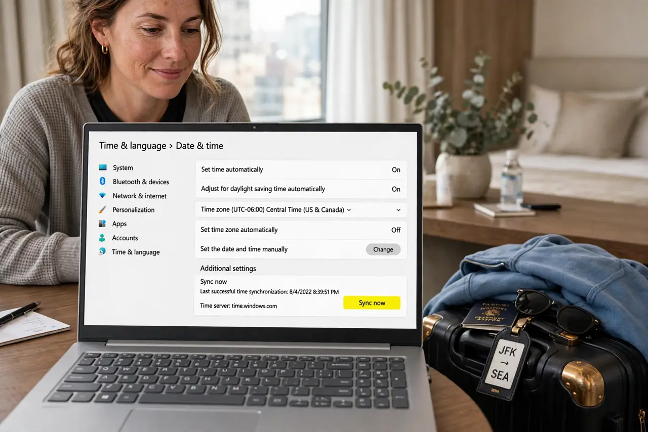 A calm traveler looking at a real Windows laptop showing date and time settings with legible text, a suitcase nearby,
