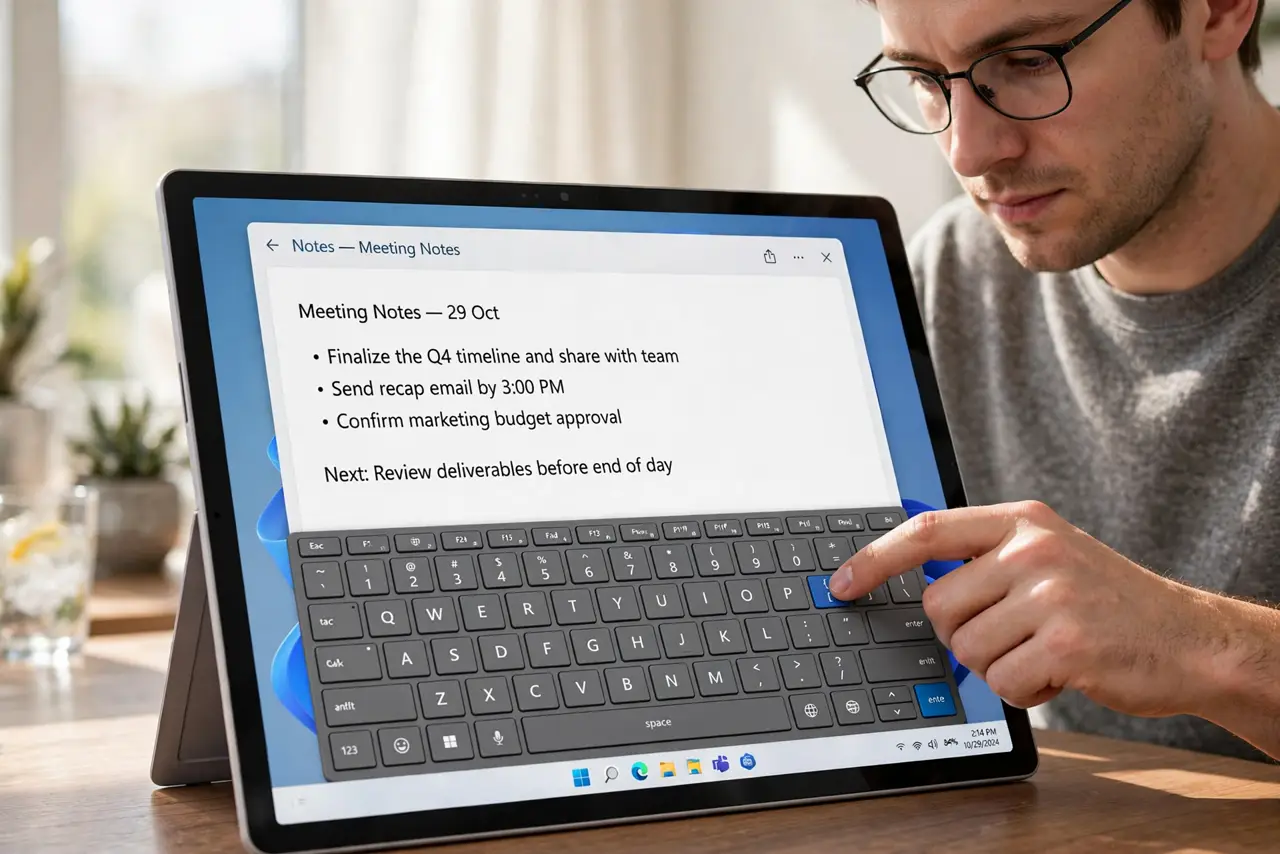 A person using a real Windows tablet with the touch keyboard visible on screen showing legible keys, the person's finger tapping a key, the person's face…