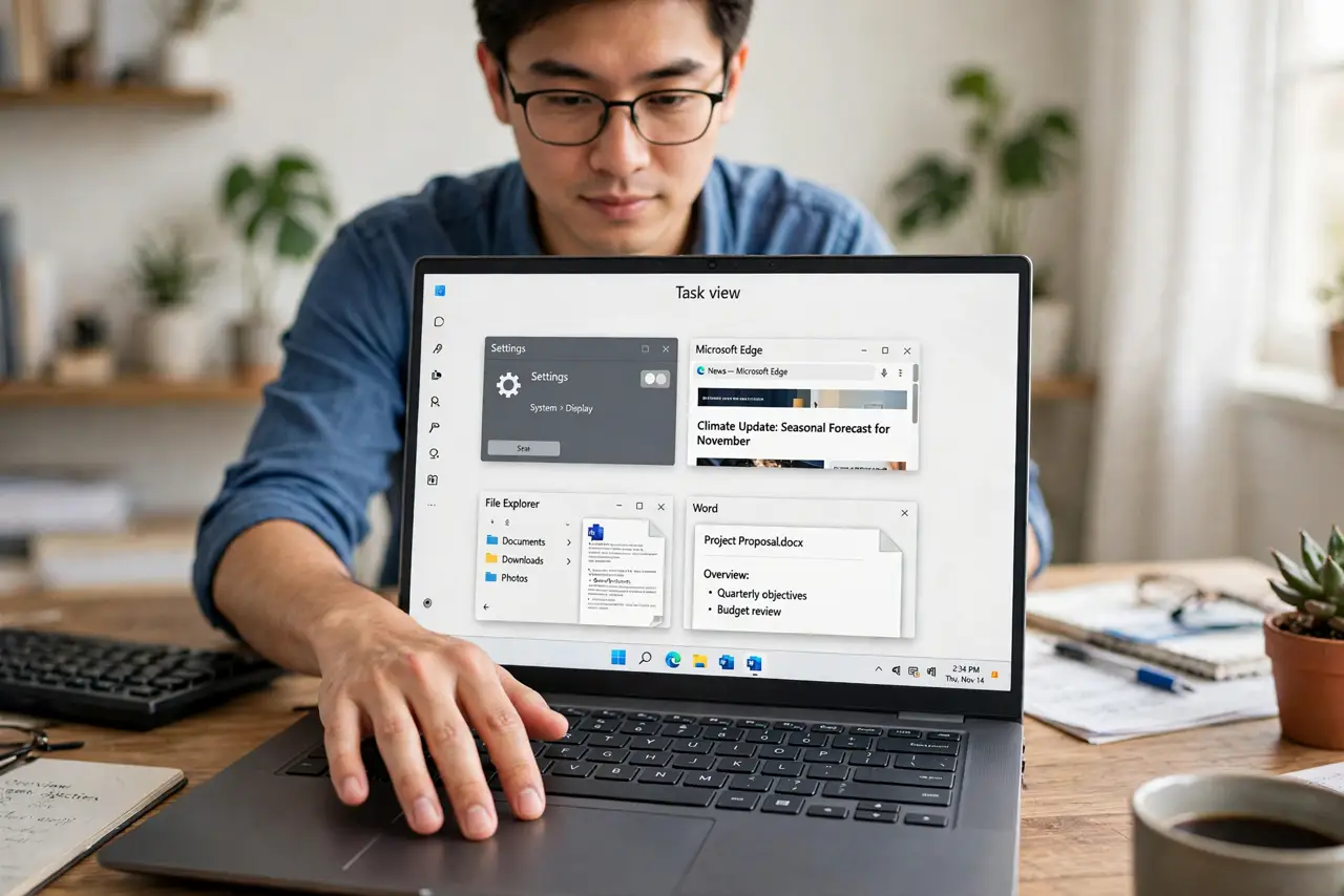 a person's hand performing a three-finger swipe on a real Windows laptop touchpad, the screen showing the task view with legible window thumbnails, the perso...