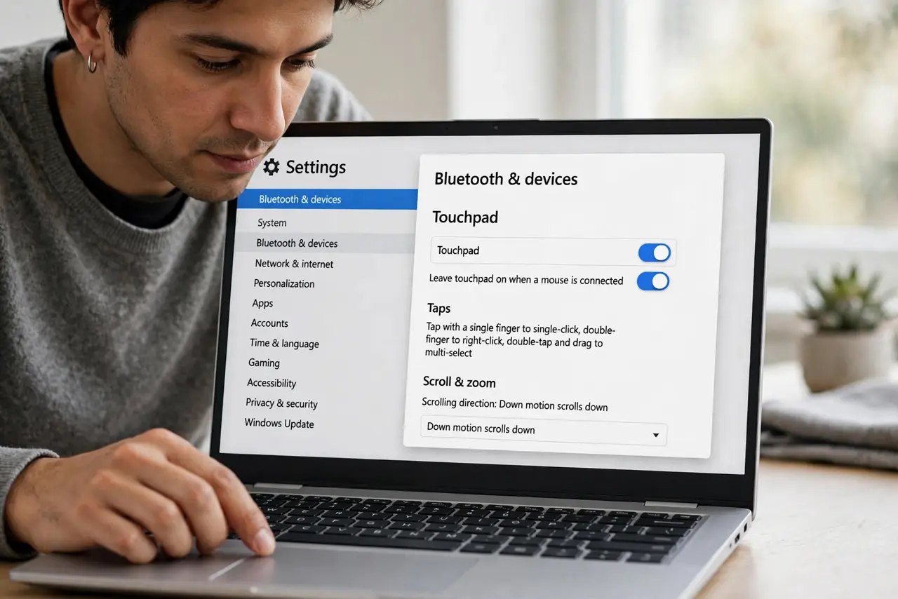 A person performing step 1: Confirm the touchpad is on.
